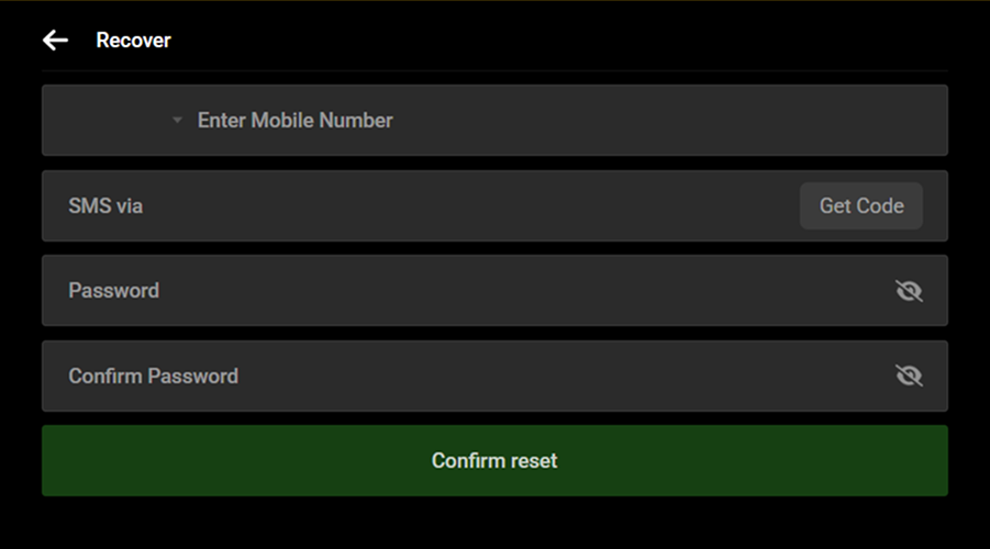 Recover password form with mobile number