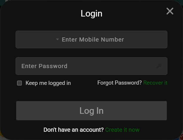 login Login form with mobile number and password