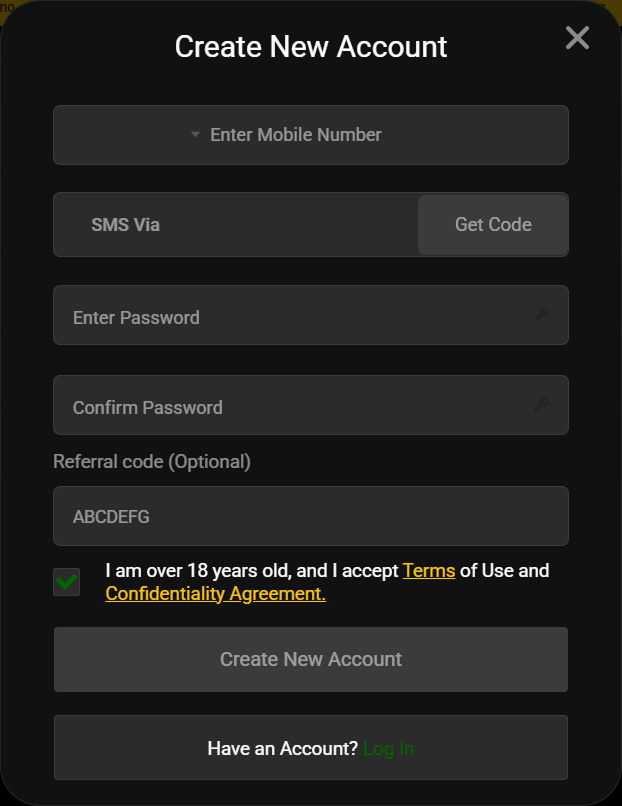 registration Create account form with mobile and password