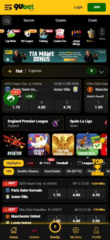 screen-1 9uBet mobile home with soccer odds