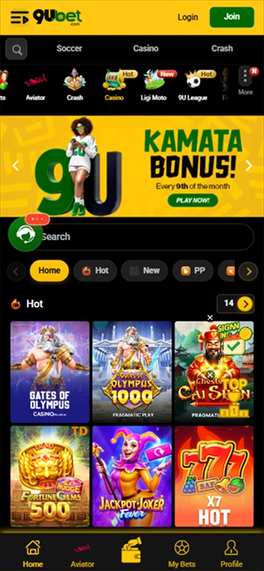 screen-3 9uBet mobile casino lobby with Gates of Olympus